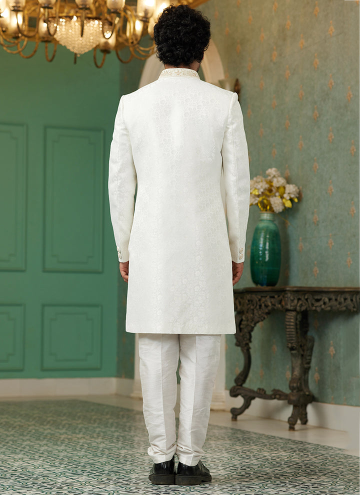 Off White Jacquard Silk Wedding Wear Hand Work IndoWestern