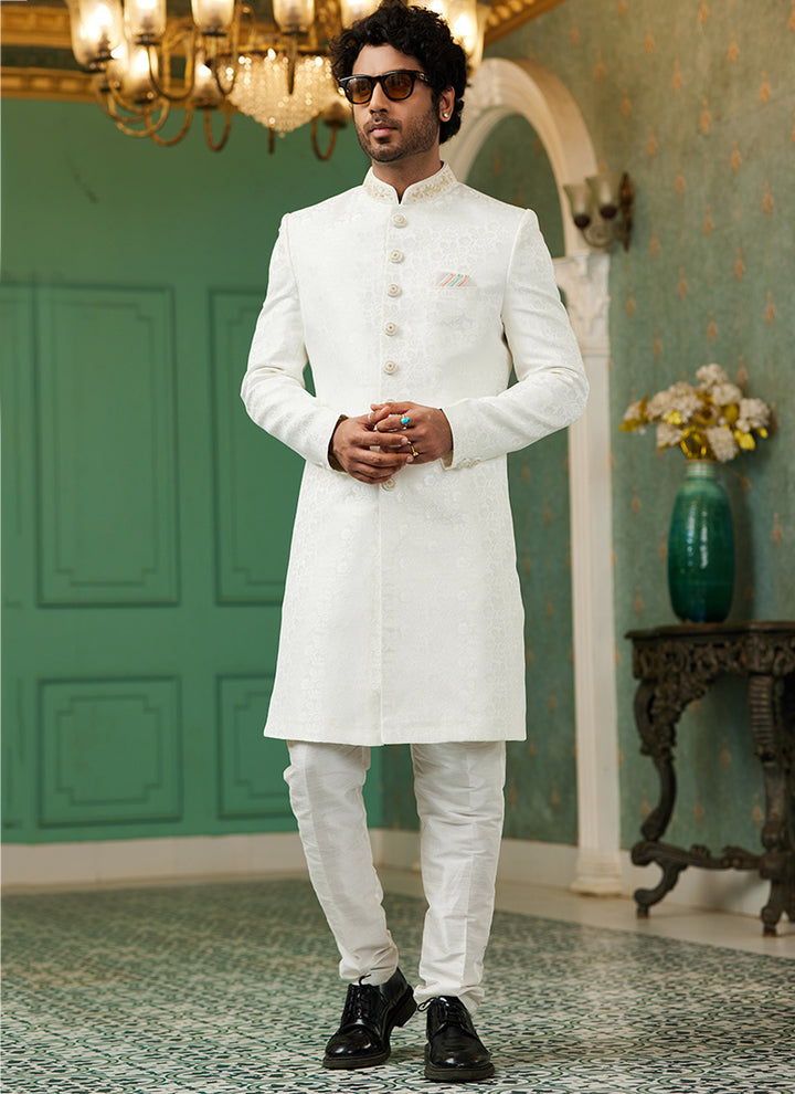 Off White Jacquard Silk Wedding Wear Hand Work IndoWestern