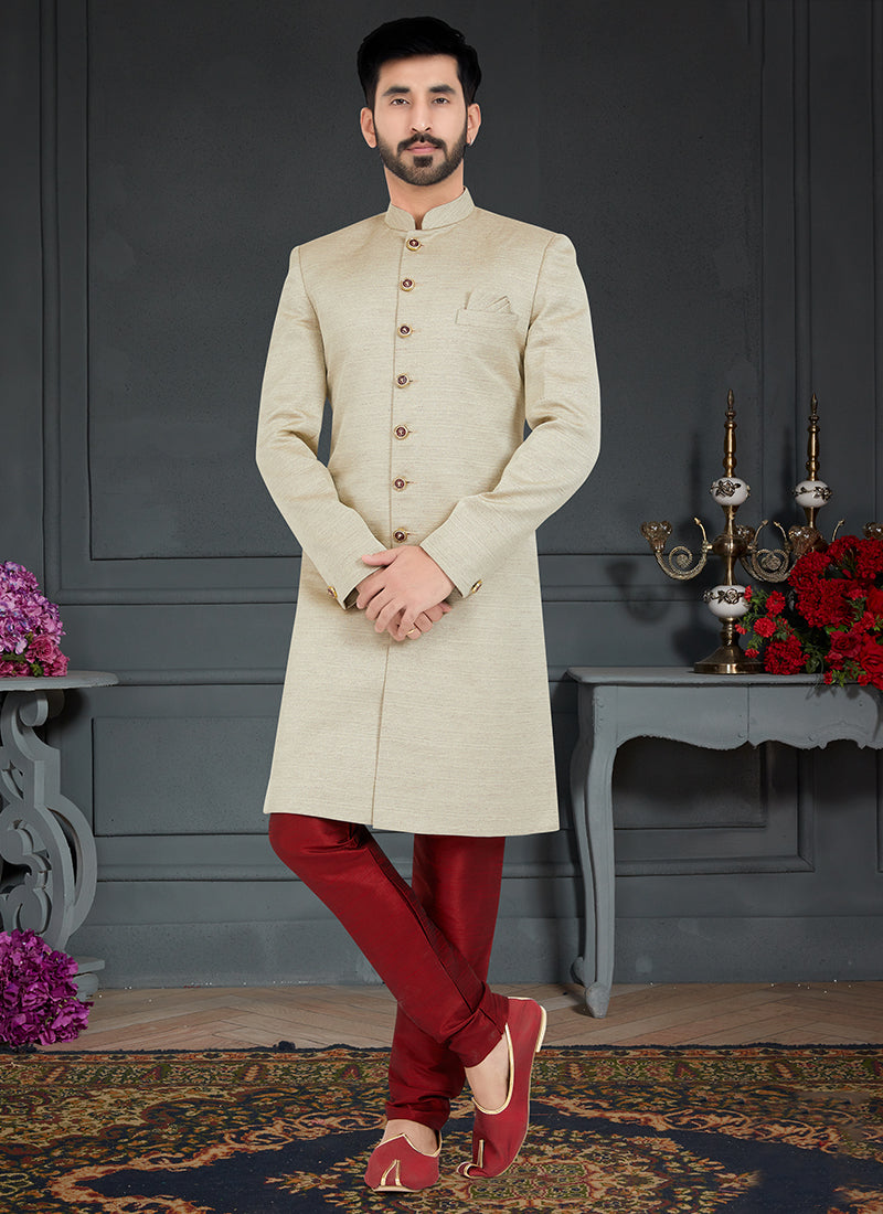 Off White Silk  Jecquard Traditional Wear Weaving Nawabi Indo Western