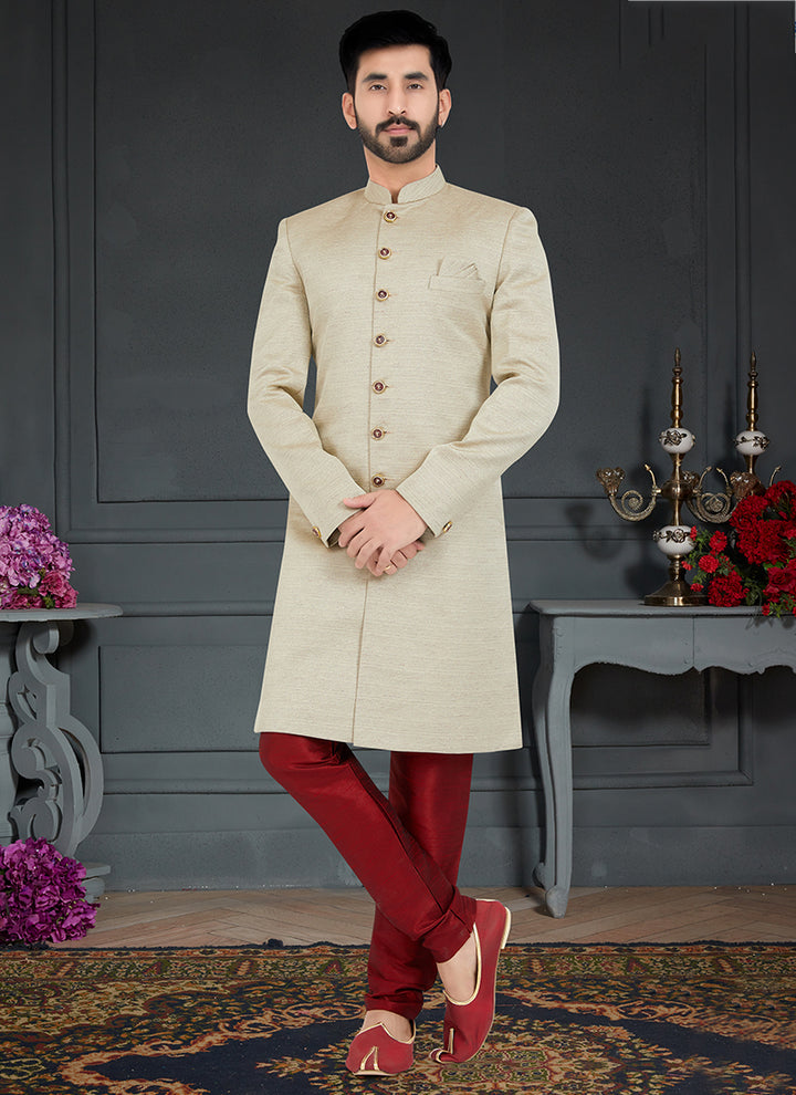 Off White Silk  Jecquard Traditional Wear Weaving Nawabi Indo Western