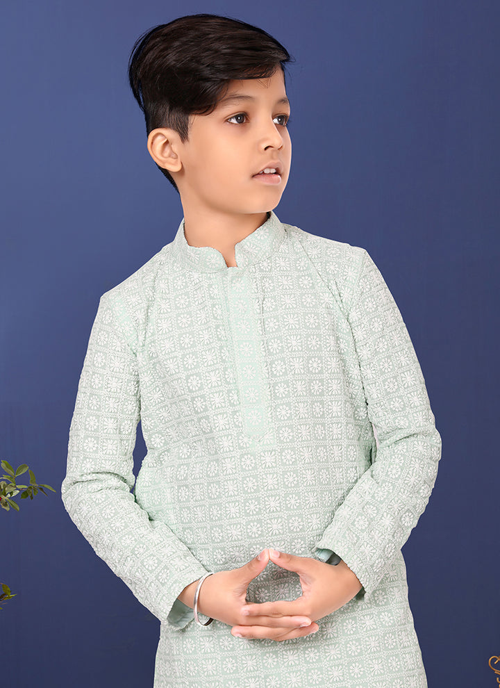 Georgette Off White Wedding Wear Weaving Readymade Kurta Pajama