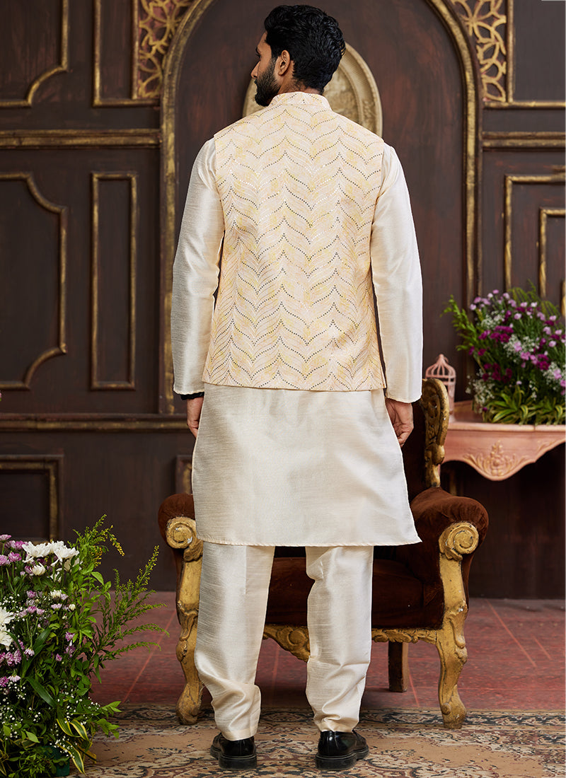 Banarasi Silk Off White Wedding Wear Digital Print Radymade Modi Jacket Kurta Pajama