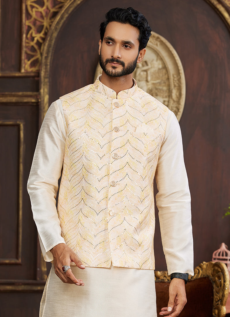 Banarasi Silk Off White Wedding Wear Digital Print Radymade Modi Jacket Kurta Pajama