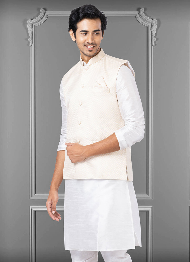Dimond Fabric Off White Festival Wear Embroidery Work Readymade Men's Waistcoat