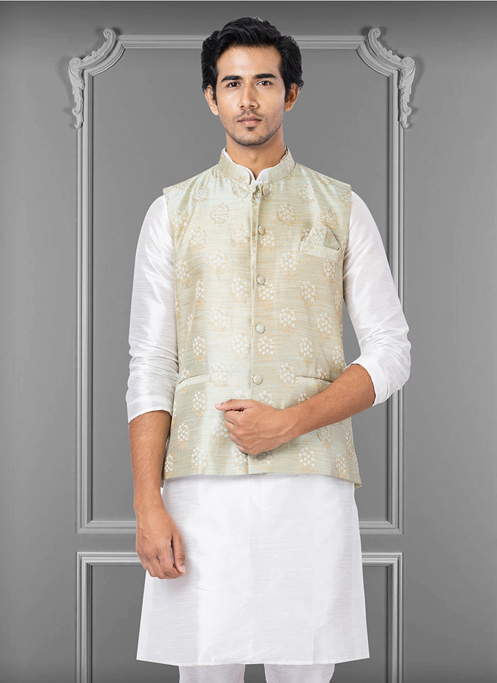 Jacquard Silk Off White Festival Wear Embroidery Work Readymade Men's Waistcoat
