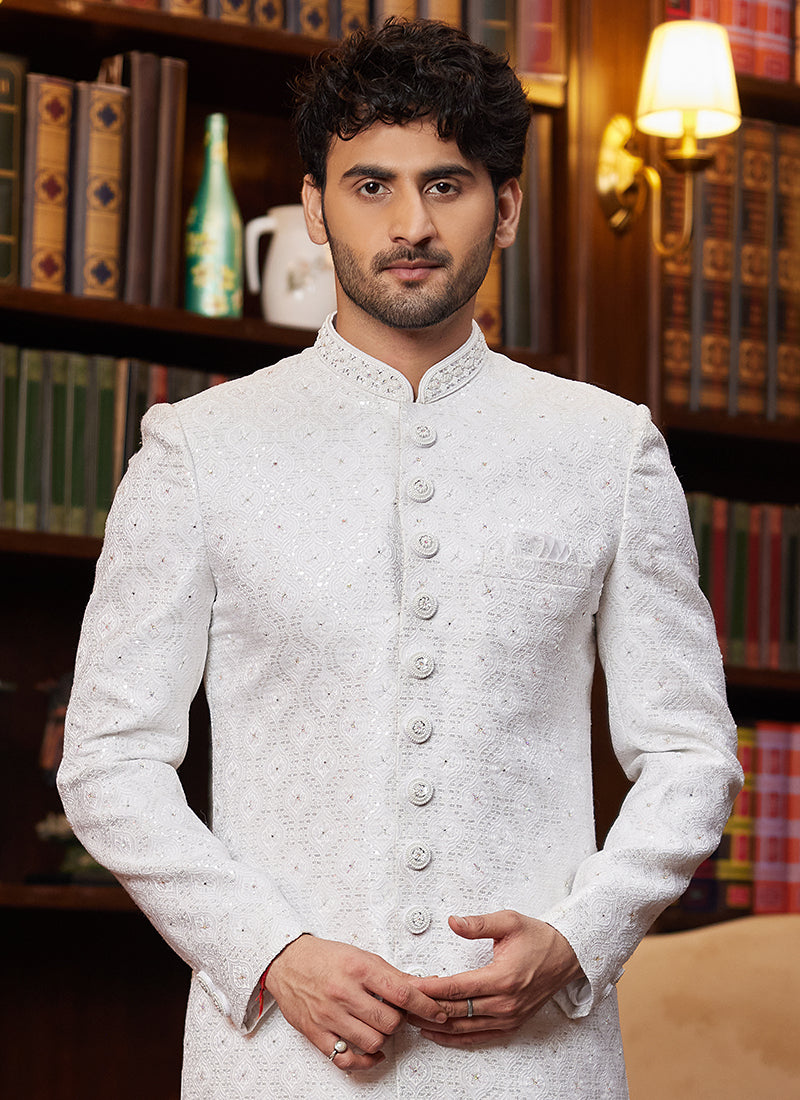 Jacquard Silk Off White Wedding Wear Hand Work Readymade Sherwani