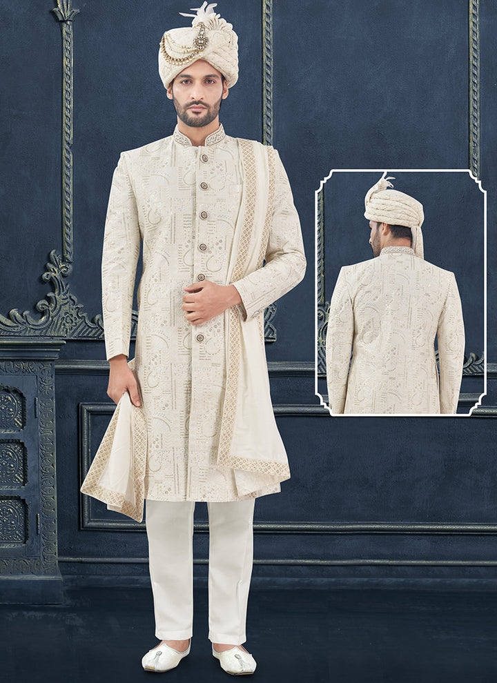 Silk Off White Groom Wear Hand Work Readymade Sherwani With Turban