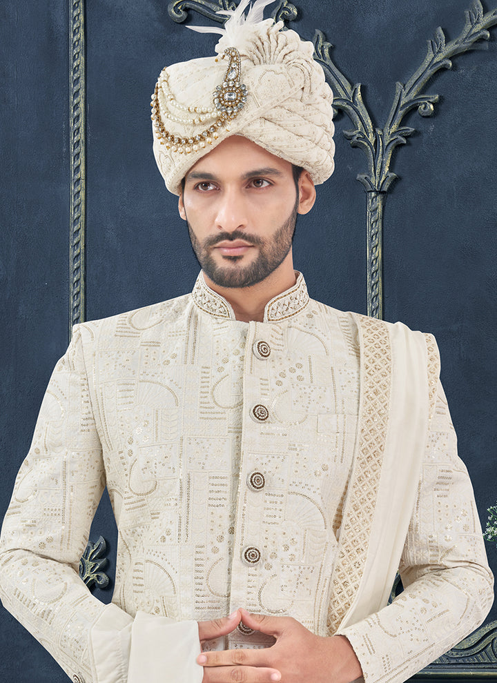Silk Off White Groom Wear Hand Work Readymade Sherwani With Turban