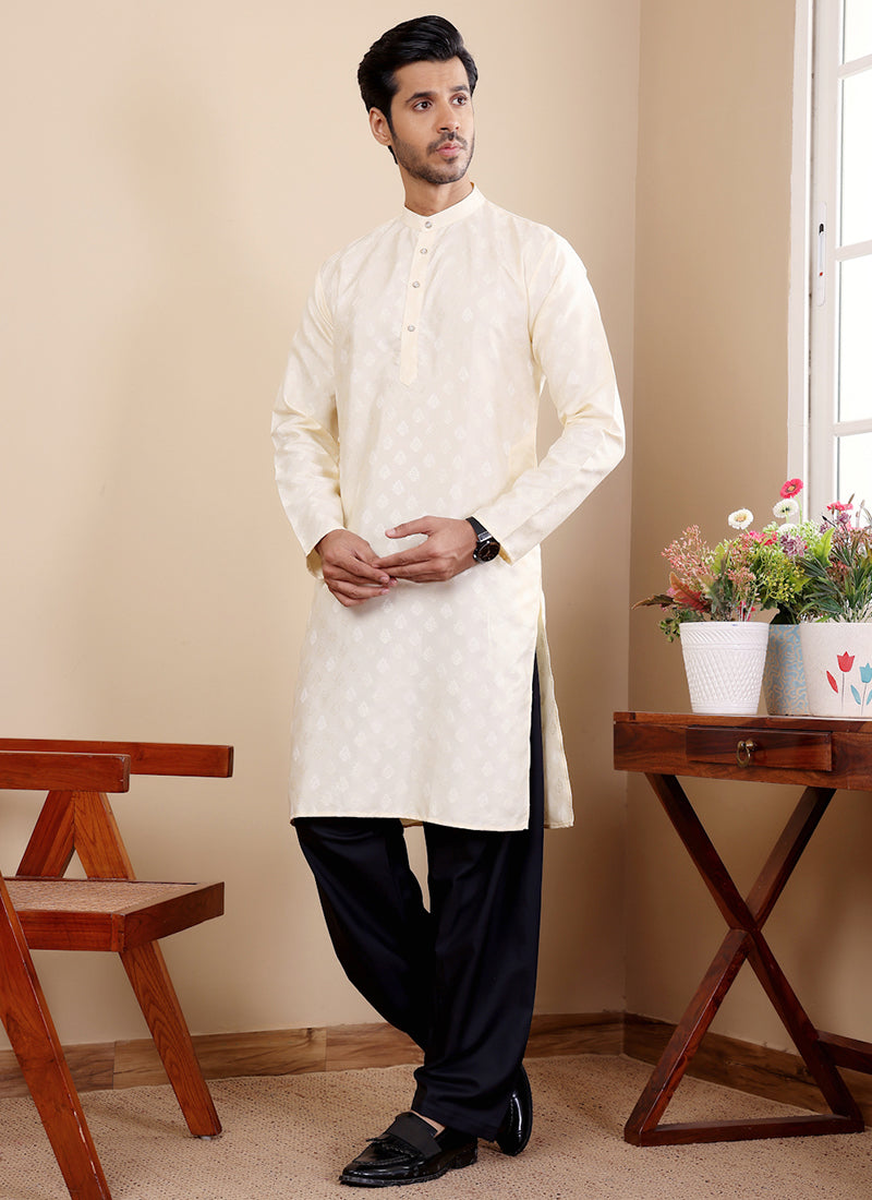 Viscose Off White Ceremonial Wear Weaving  Readymade Kurta