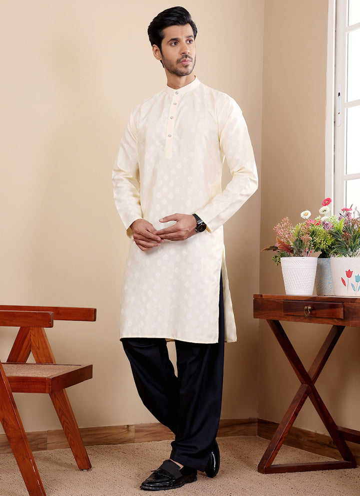 Viscose Off White Ceremonial Wear Weaving  Readymade Kurta