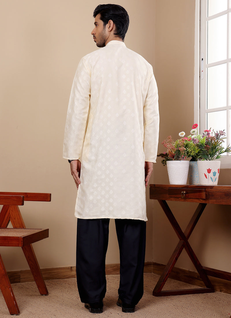 Viscose Off White Ceremonial Wear Weaving  Readymade Kurta
