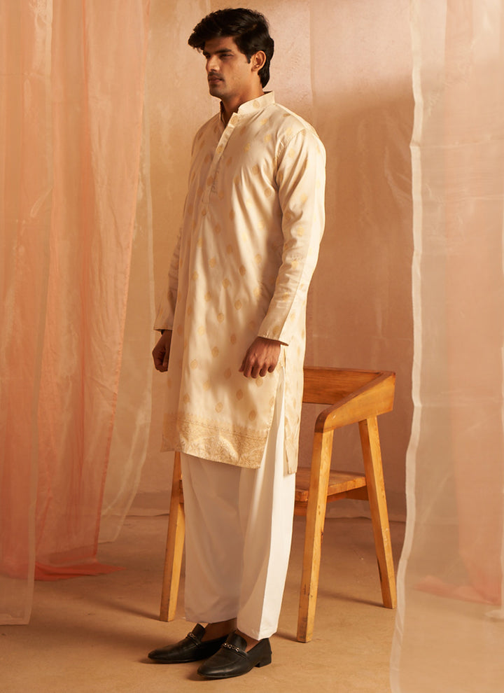 Viscose Off White Eid Wear Wevon Designer Readymade Kurta Pajama