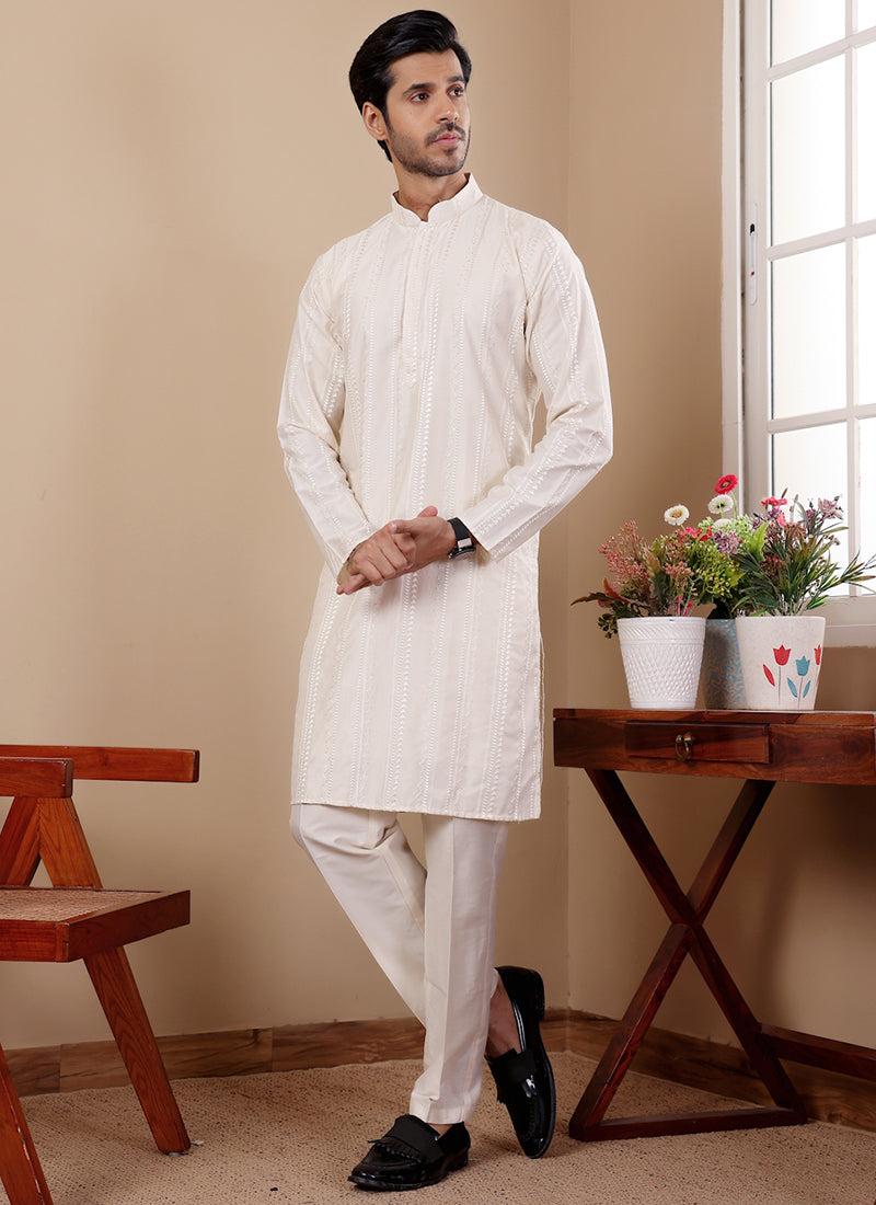 Silk Off White Traditional Wear Embroidery Work Readymade Kurta Pajama