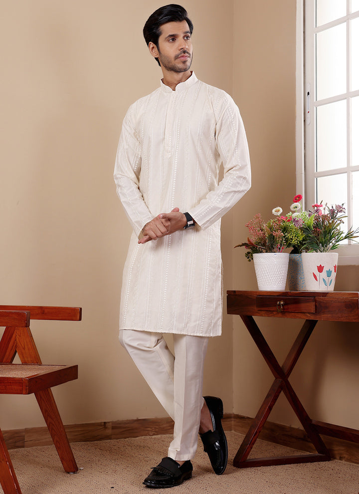 Silk Off White Traditional Wear Embroidery Work Readymade Kurta Pajama