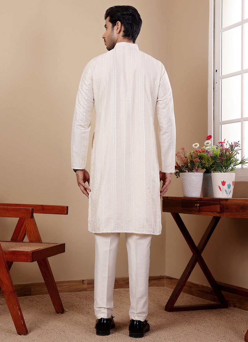 Silk Off White Traditional Wear Embroidery Work Readymade Kurta Pajama