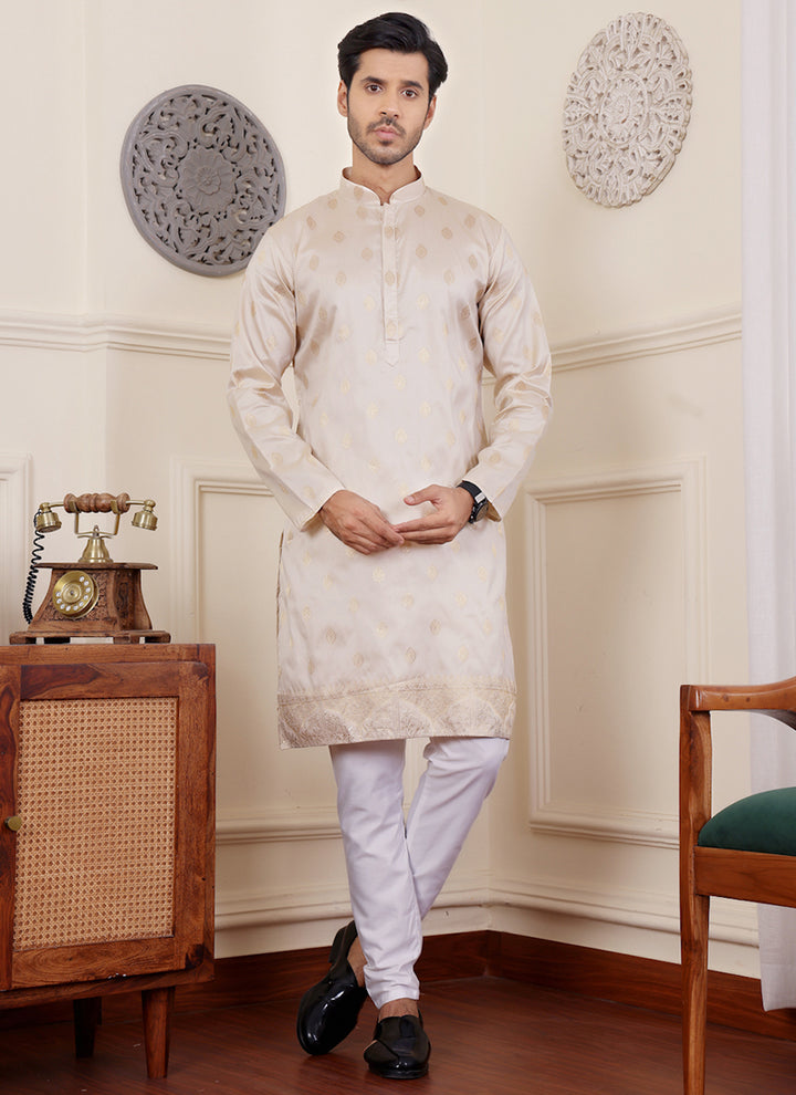 Viscose Off White Festival Wear Jacquard Work Readymade Kurta Pajama