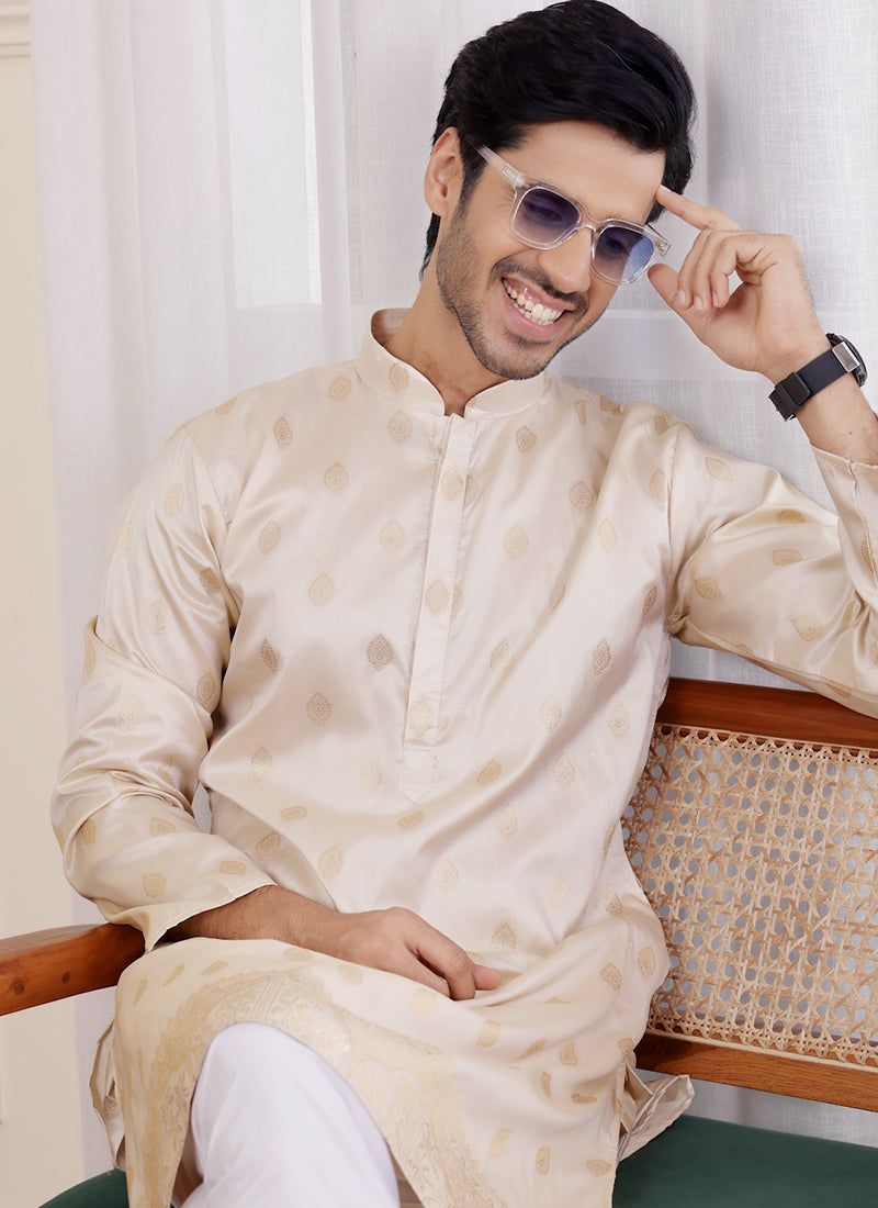 Viscose Off White Festival Wear Jacquard Work Readymade Kurta Pajama