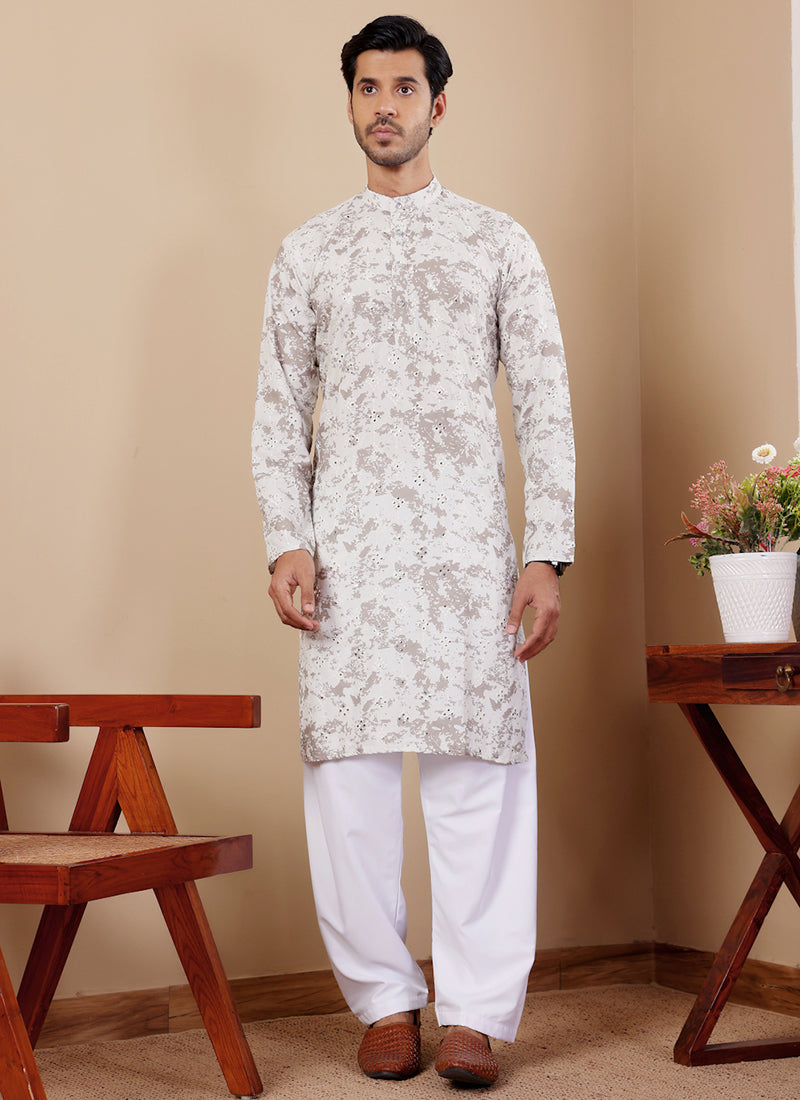 Viscose Off White Traditional Wear Embroidery Work Readymade Kurta Pajama