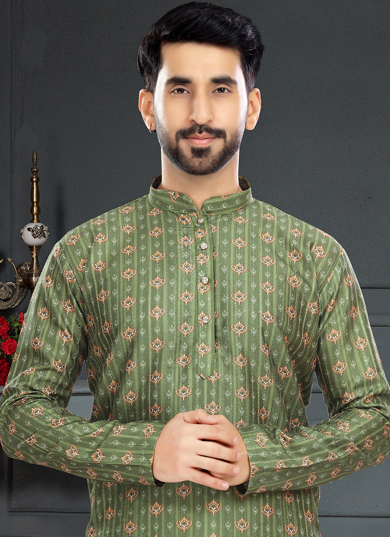 Olive Green Silk Traditional Wear Digital Printed Kurta Pajama