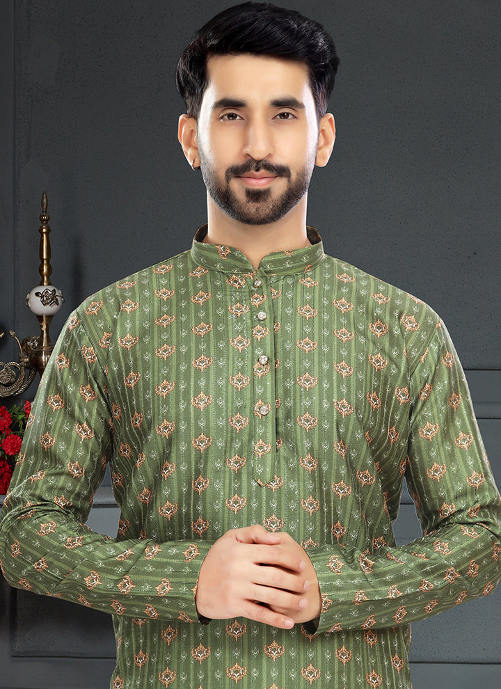 Olive Green Silk Traditional Wear Digital Printed Kurta Pajama