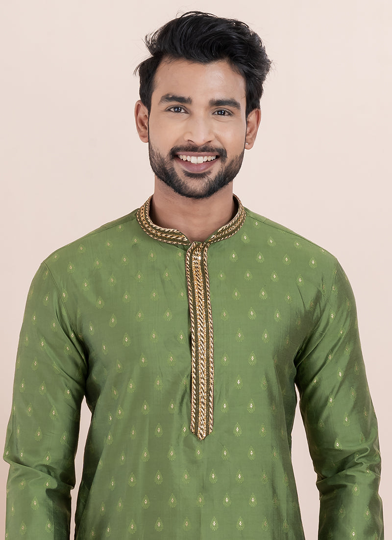 Silk Olive Green Ceremonial Wear Jacquard Work Readymade Kurta Pajama