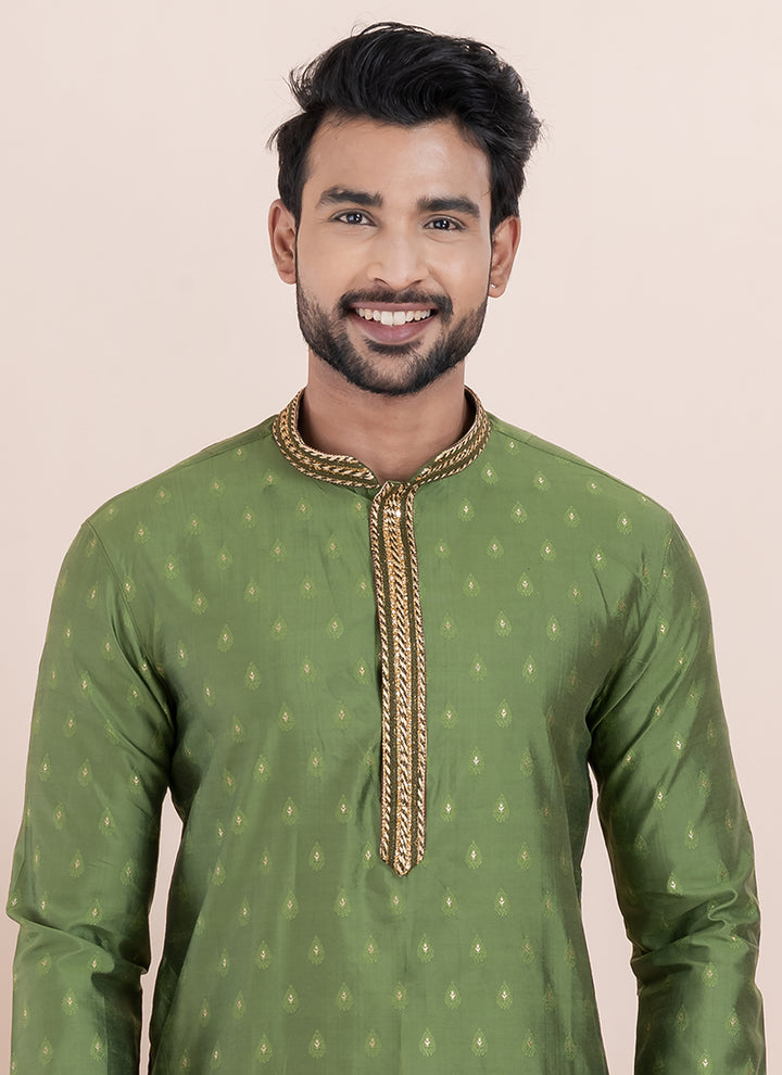 Silk Olive Green Ceremonial Wear Jacquard Work Readymade Kurta Pajama
