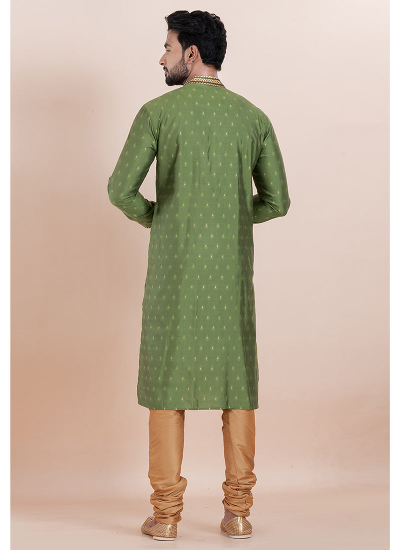 Silk Olive Green Ceremonial Wear Jacquard Work Readymade Kurta Pajama