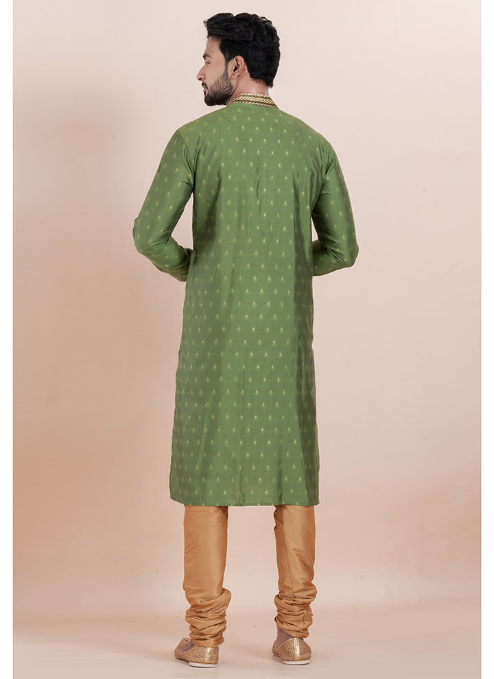 Silk Olive Green Ceremonial Wear Jacquard Work Readymade Kurta Pajama