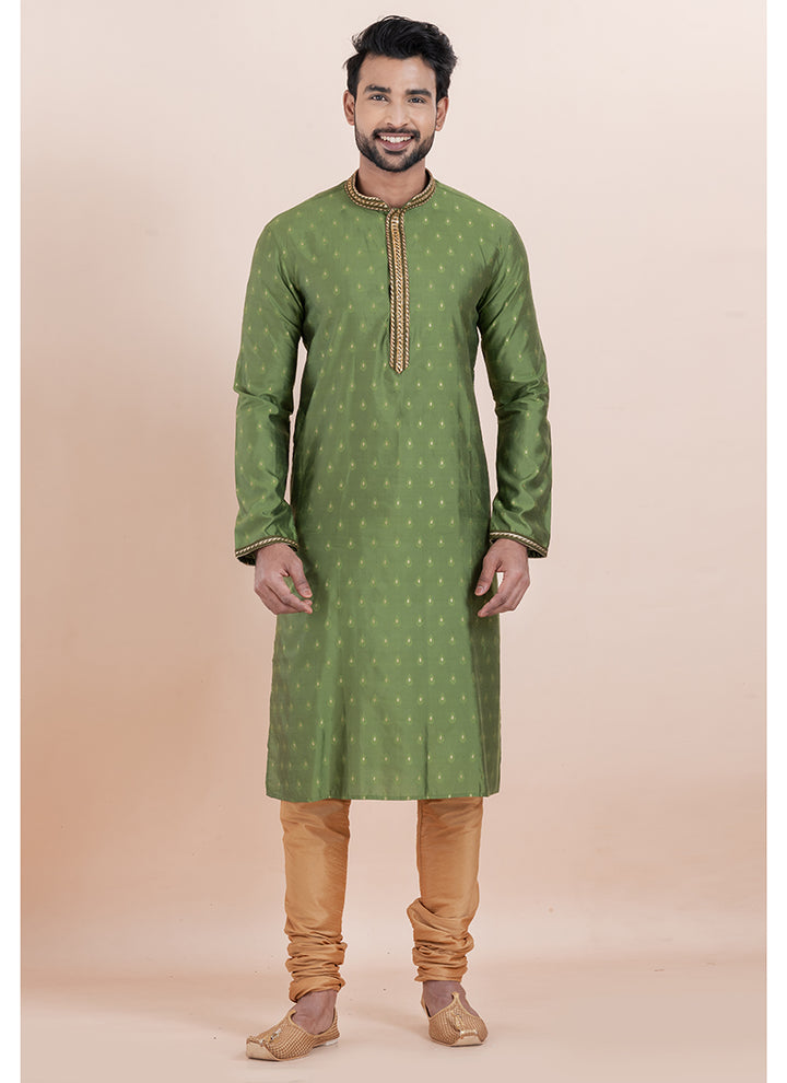 Silk Olive Green Ceremonial Wear Jacquard Work Readymade Kurta Pajama