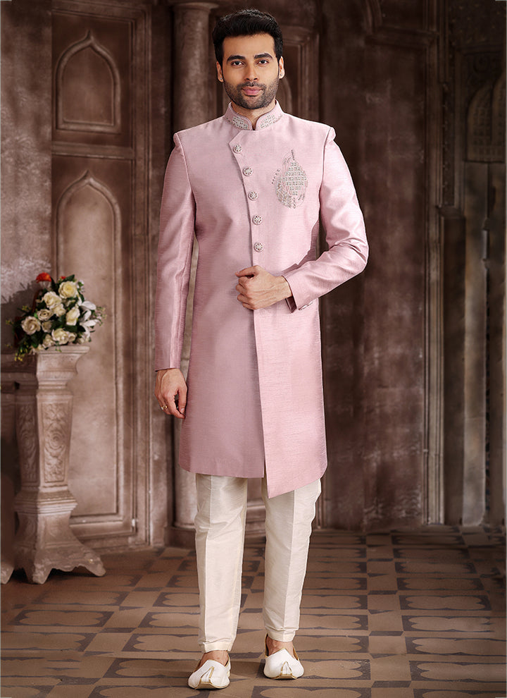 Onion Art Silk Wedding Wear Embroidery Work Sherwani