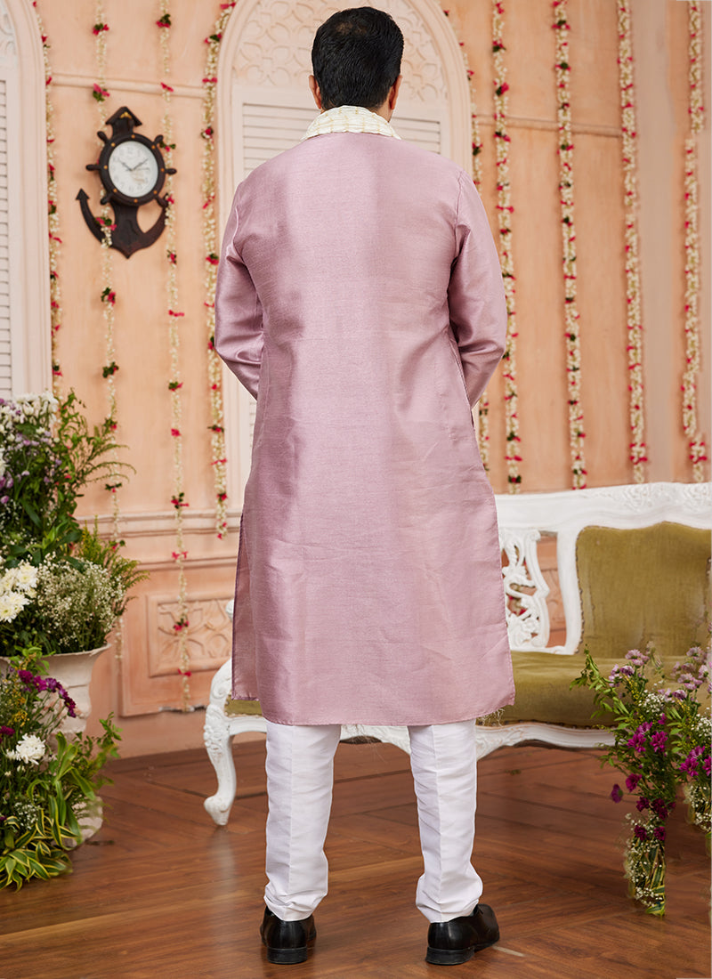 Art Silk Onion Festival Wear Plain Readymade Kurta Pajama