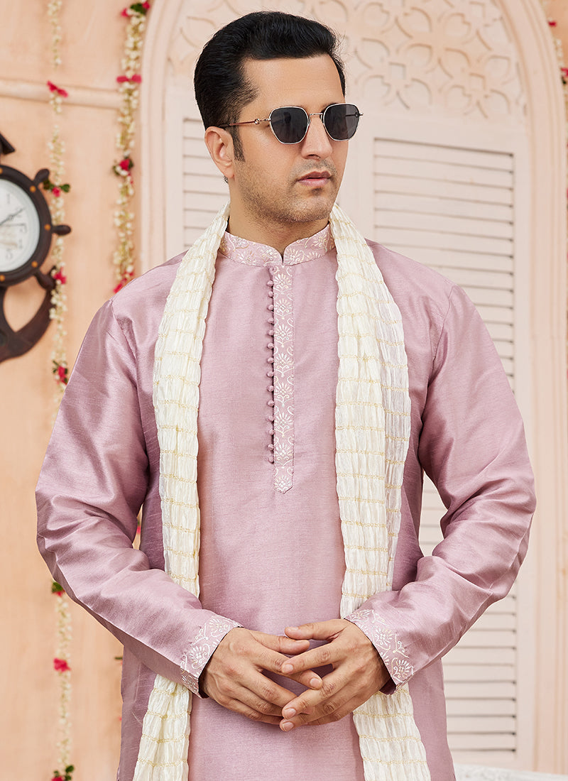 Art Silk Onion Festival Wear Plain Readymade Kurta Pajama