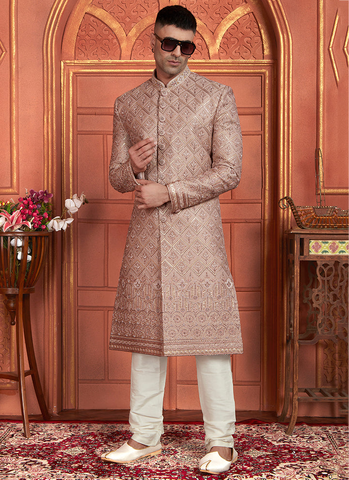 Art Silk Onion Wedding Wear Embroidery Work Readymade Groom Sherwani