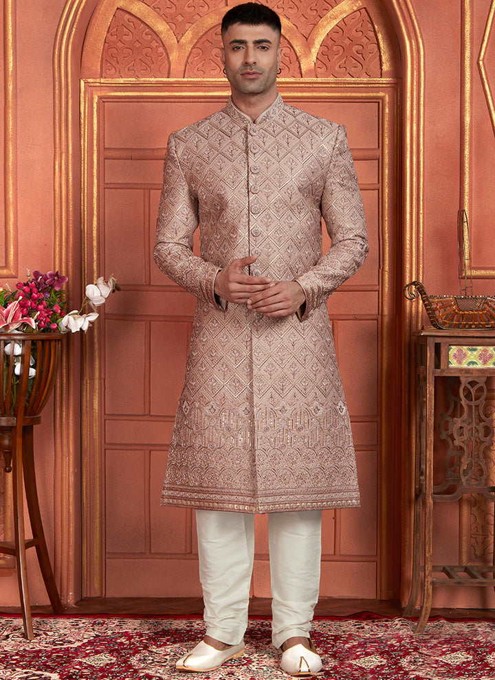 Art Silk Onion Wedding Wear Embroidery Work Readymade Groom Sherwani