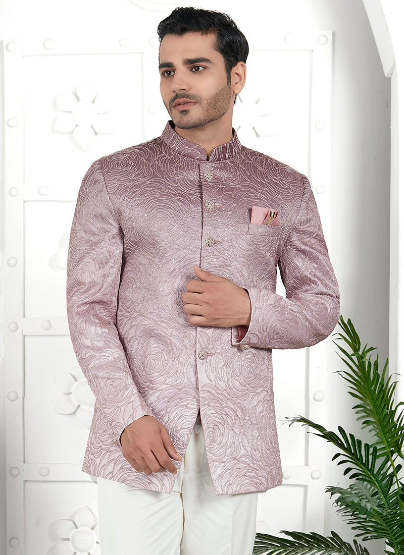 Onion Pink Imported Jaquard Silk Party Wear Pattern Pc Work Readymade Mens Jacket