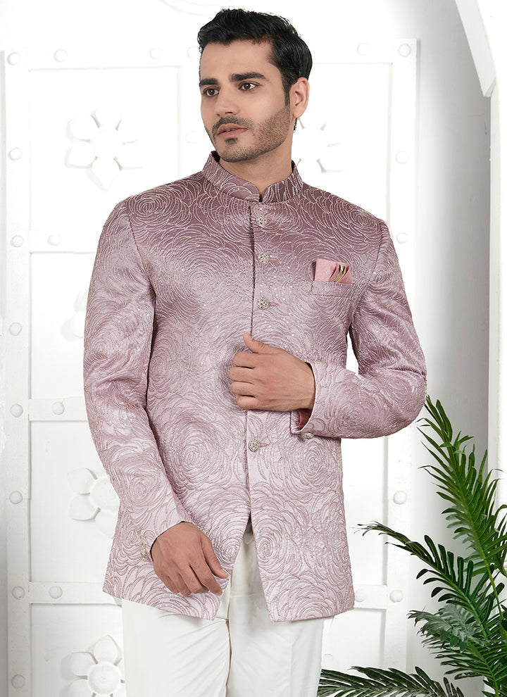 Onion Pink Imported Jaquard Silk Party Wear Pattern Pc Work Readymade Mens Jacket