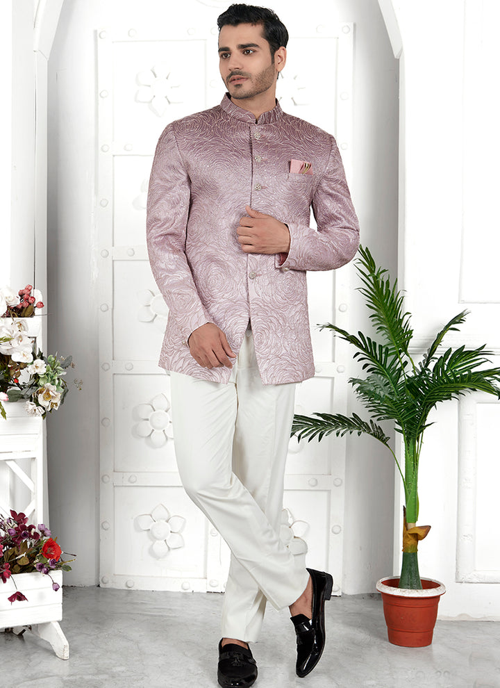 Onion Pink Imported Jaquard Silk Party Wear Pattern Pc Work Readymade Mens Jacket