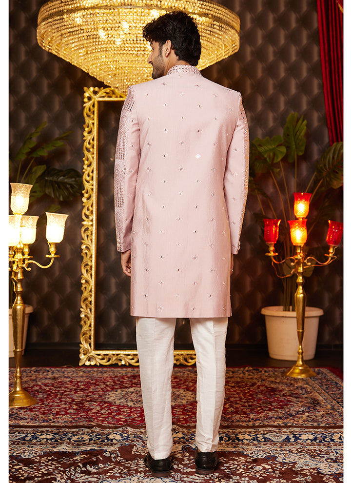 Art Silk Onion Pink Wedding Wear Thread Work Readymade Indo Western Sherwani