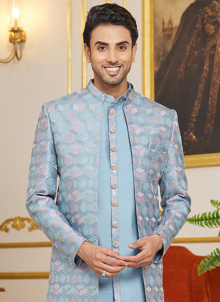 Art Silk Sky Blue Wedding Wear Thread Work Readymade Indo Western Sherwani