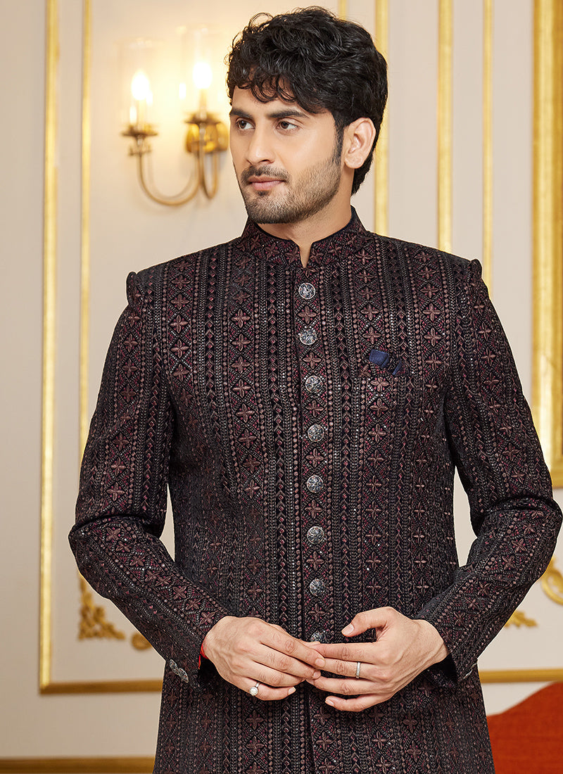 Art Silk Multi Color Wedding Wear Thread Work Readymade Indo Western Sherwani