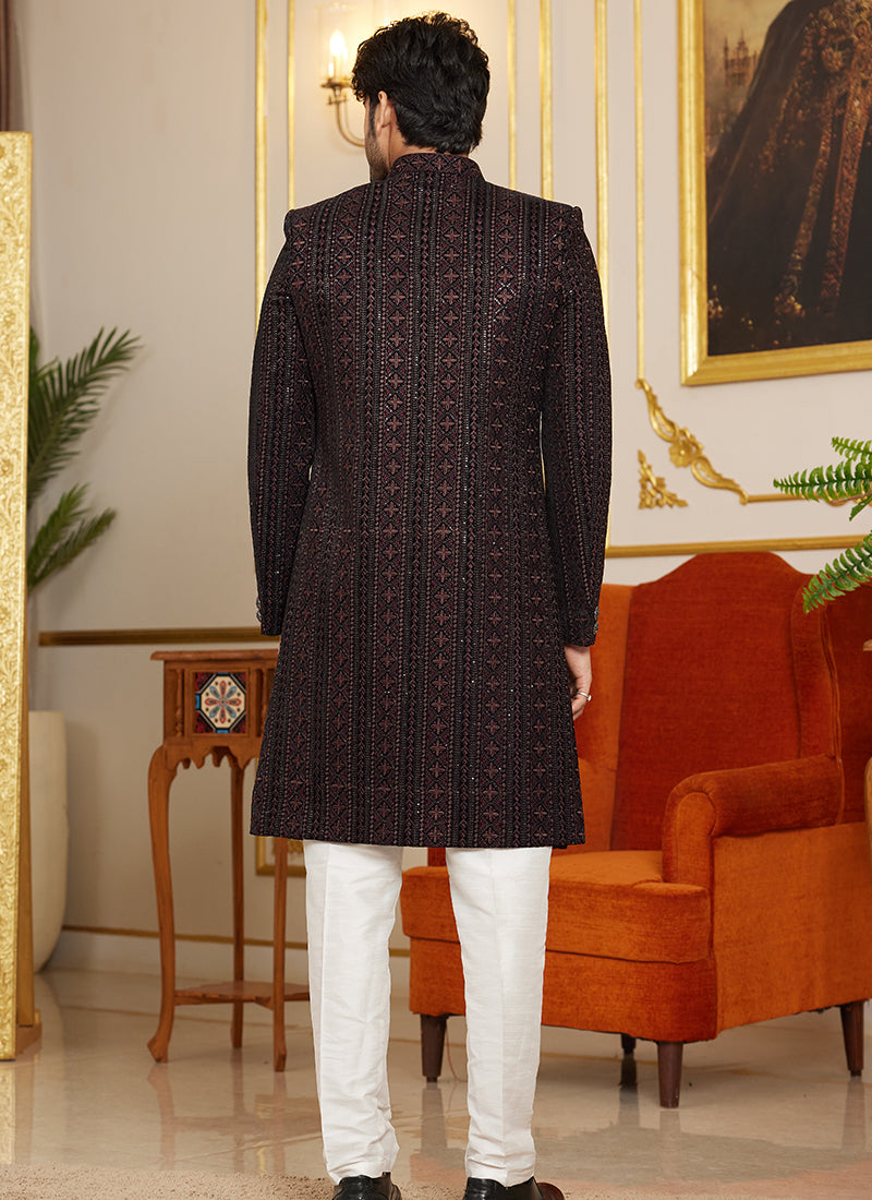 Art Silk Multi Color Wedding Wear Thread Work Readymade Indo Western Sherwani