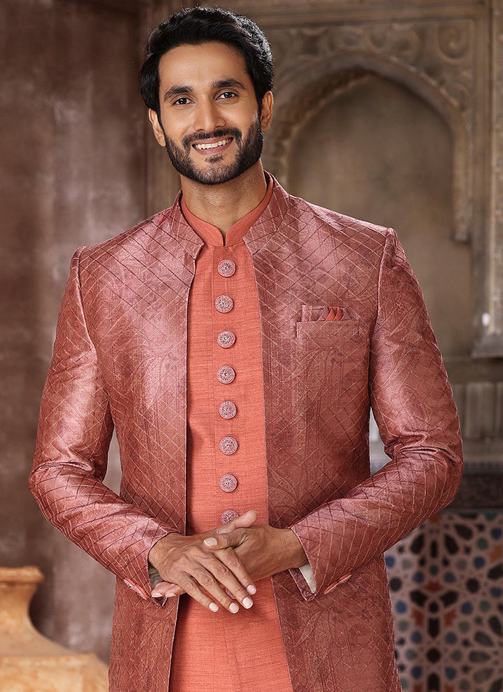 Orange Art Silk Wedding Wear Thread Work Mens Indo Western