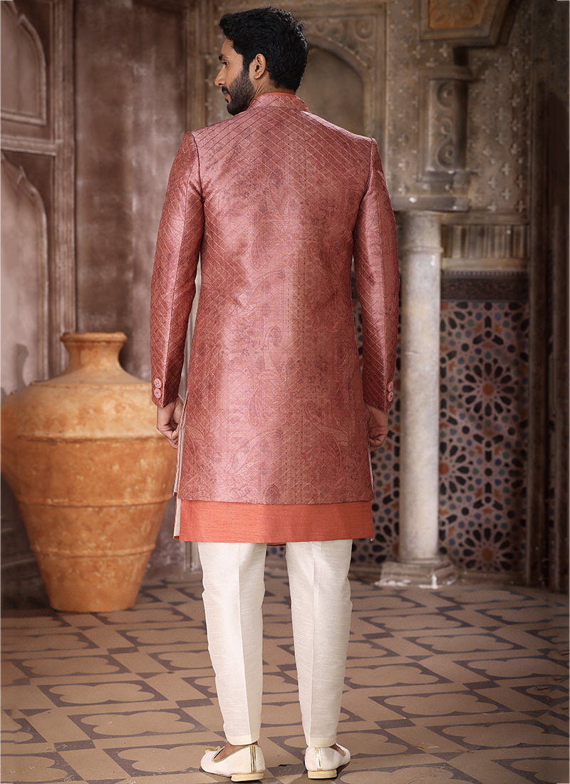 Orange Art Silk Wedding Wear Thread Work Mens Indo Western