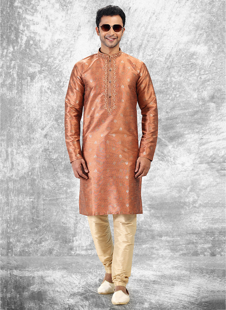 Orange Jacquard Brocade Silk Traditional Wear Thread Work Kurta Pajama