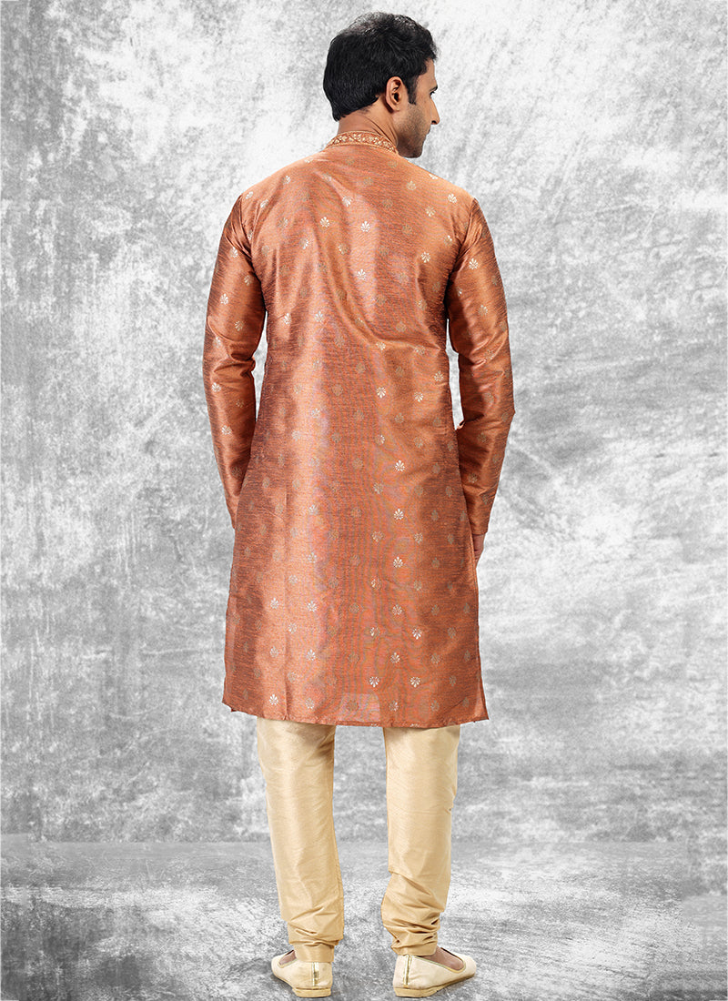 Orange Jacquard Brocade Silk Traditional Wear Thread Work Kurta Pajama