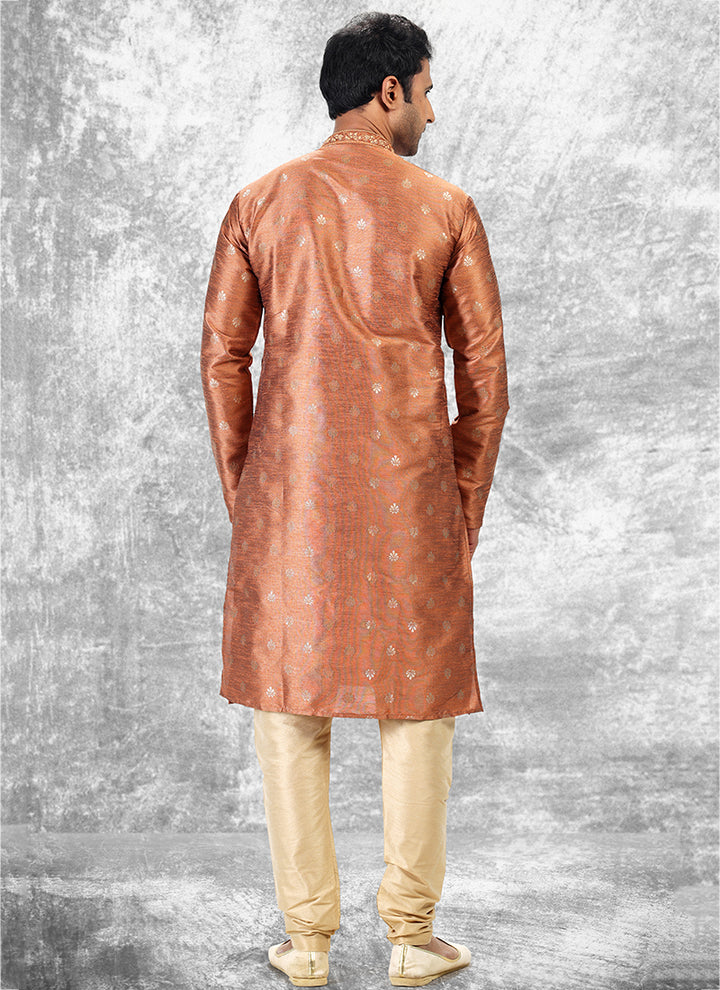 Orange Jacquard Brocade Silk Traditional Wear Thread Work Kurta Pajama