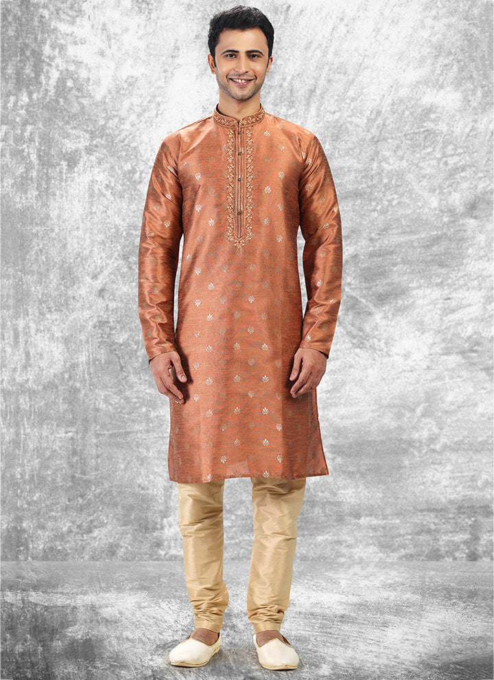 Orange Jacquard Brocade Silk Traditional Wear Thread Work Kurta Pajama