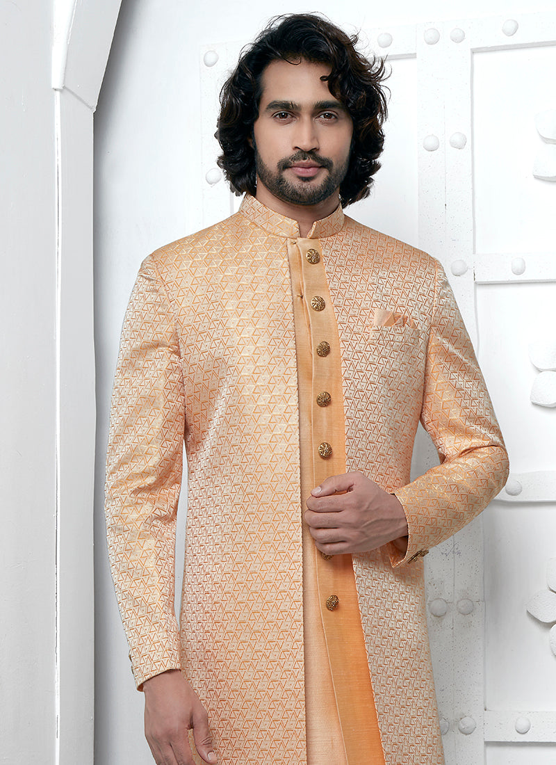 Orange Jaquard Silk Party Wear Pattern Pc Work Readymade Mens Indo Western