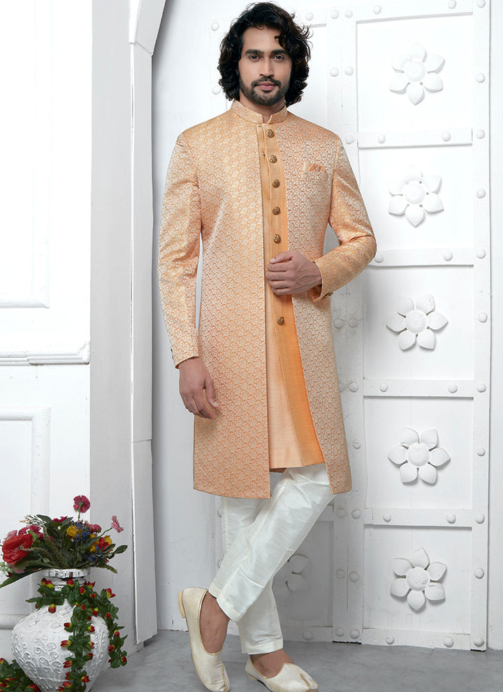 Orange Jaquard Silk Party Wear Pattern Pc Work Readymade Mens Indo Western