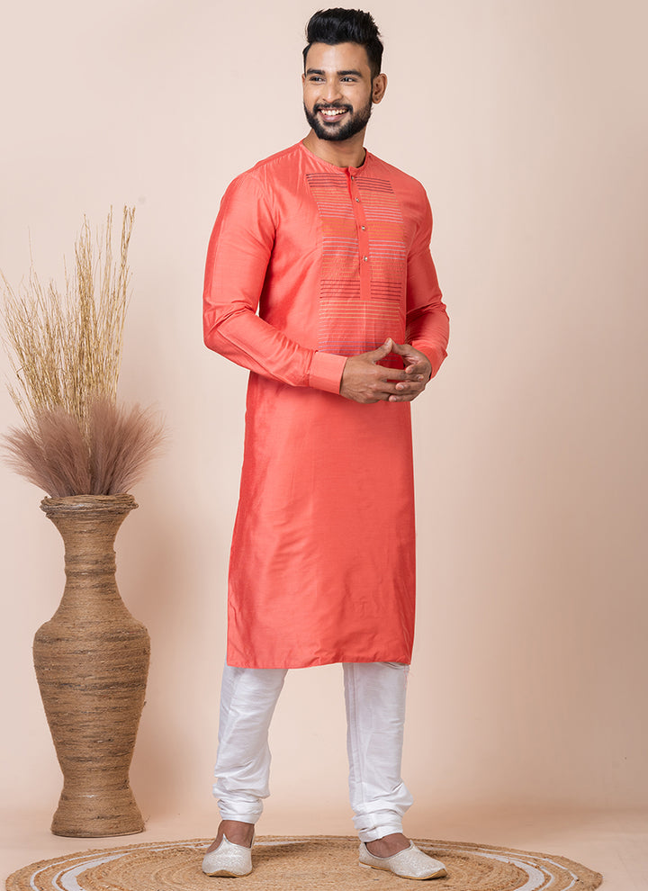 Ps Viscose Orange Festival Wear Embroidery Work Readymade Kurta Pajama